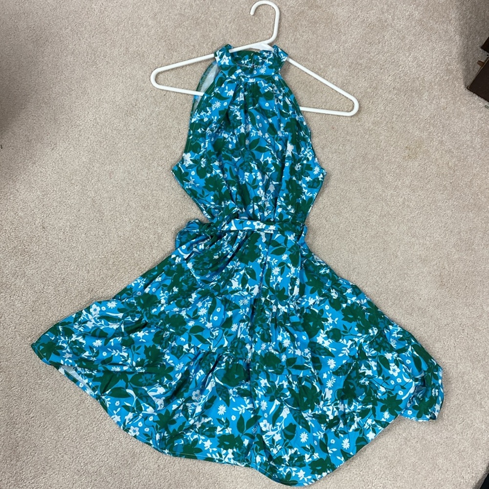 Floral Halter Neck Dress in Blue and Green